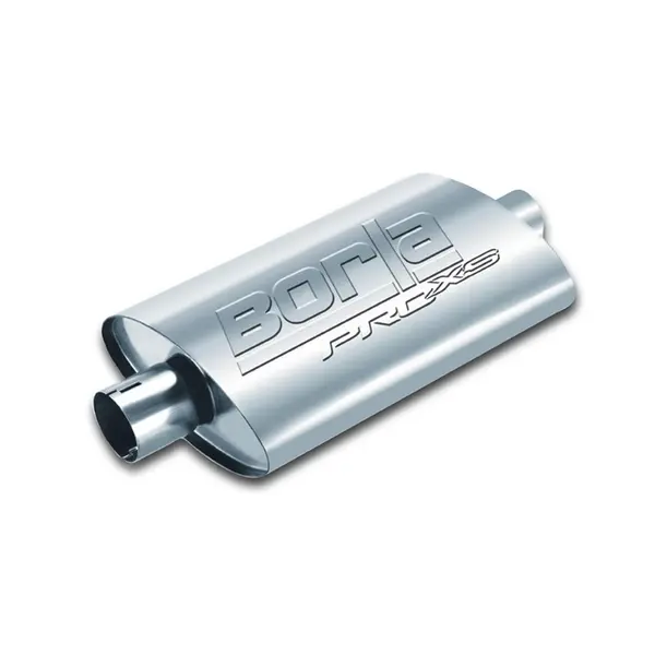 BORLA 400496 UNIVERSAL Performance Muffler, oval, silver ProXS, In / Out 2.5", Centre / Centre, dim. 14"x4"x9.5", Mounting clamp
