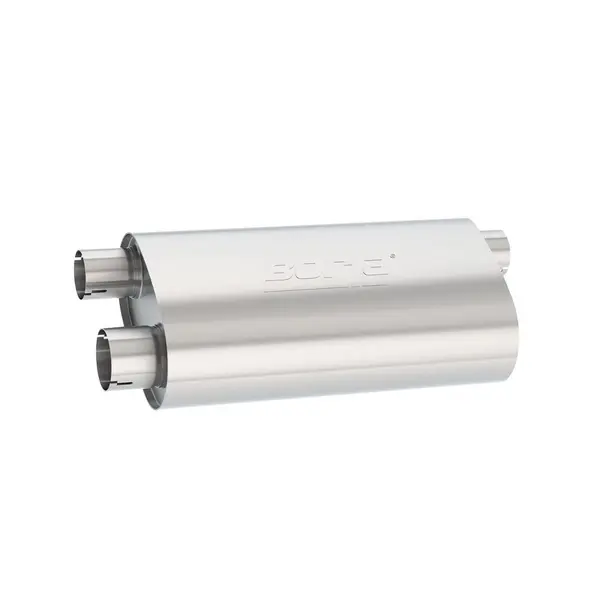 BORLA 400499 UNIVERSAL Performance Muffler, oval, silver Transverse Flow, In 2,5" / Out 2x2.5", dim. 19"x5.5"x10.25", Mounting clamp