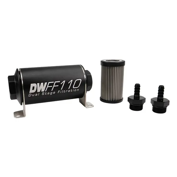 DEATSCHWERKS 8-03-110-100K-516 In-line fuel filter element and housing kit, stainless steel 100 micron, 5/16in hose barb, 110mm. Universal