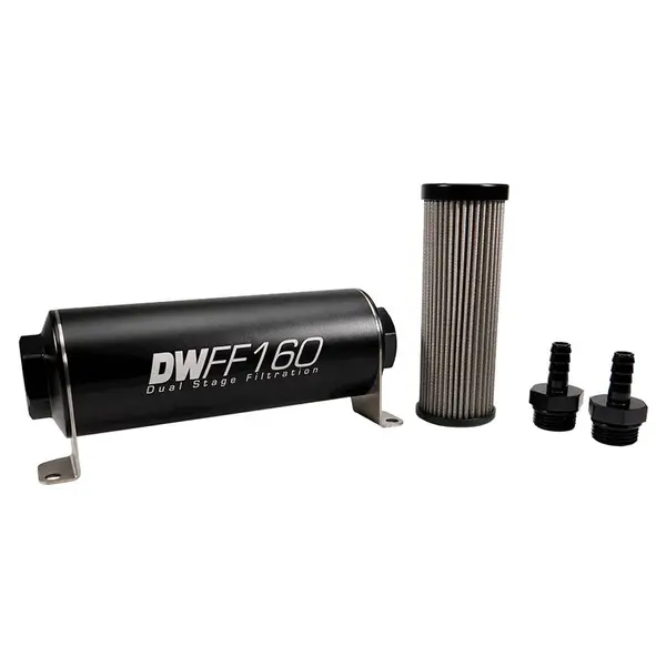 DEATSCHWERKS 8-03-160-040K-38 In-line fuel filter element and housing kit, stainless steel 40 micron, 3/8in hose barb, 160mm. Universal