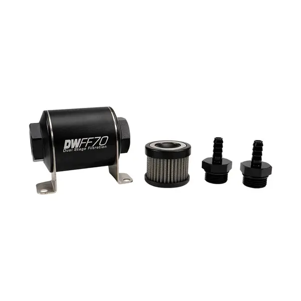 DEATSCHWERKS 8-03-070-005K-516 In-line fuel filter element and housing kit, stainless steel 5 micron, 5/16in hose barb, 70mm. Universal