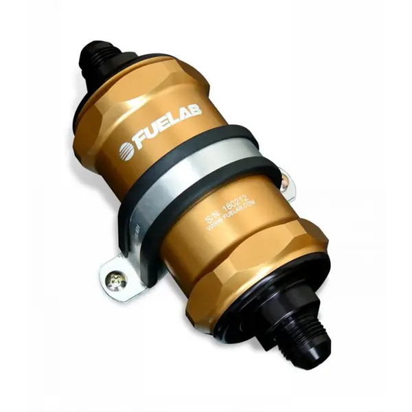 FUELAB 81801-5 In-Line Fuel Filter (6AN in/out, 3 inch 10 micron paper element) Gold