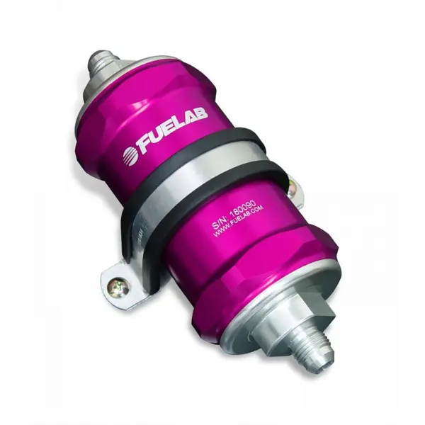 FUELAB 84801-4 In-Line Fuel Filter With Check Valve (6AN in/out, 3 inch 10 micron paper element) Purple