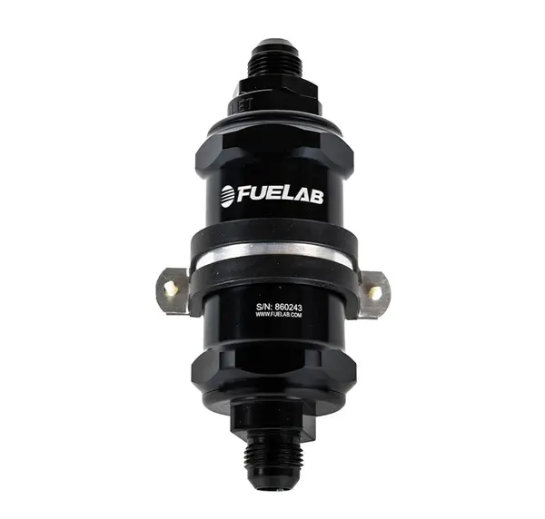 FUELAB 84802-1 In-Line Fuel Filter With Check Valve (8AN in/out, 3 inch 10 micron paper element) Black