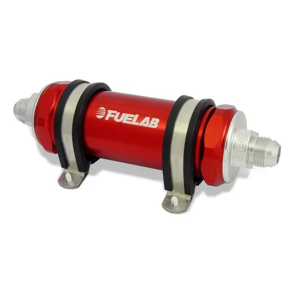 FUELAB 85831-2 In-Line Fuel Filter With Check Valve (8AN in/out, 5 inch 6 micron fiberglass element) Red