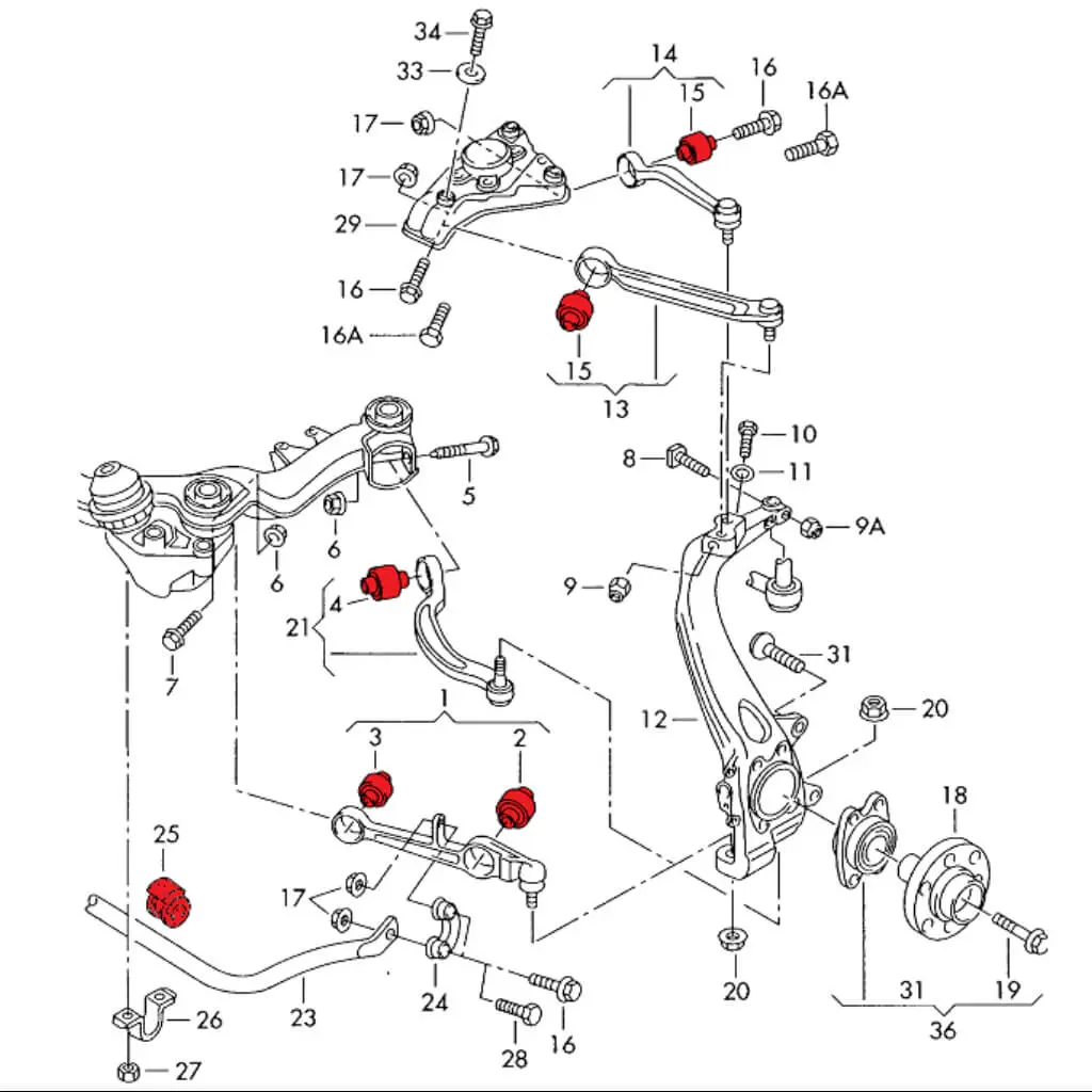 VERKLINE POW-075-75 Full Front Polyurethane Wishbones Bushings Kit for AUDI RS4 / S4