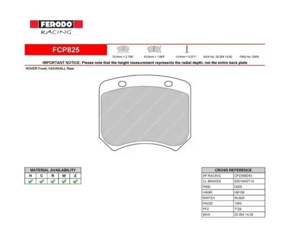 FERODO FCP825R Rear Brake Pads DS3000 for Caliper Brembo 20.3655.01 / AP Racing CP 2485 / CP 2576