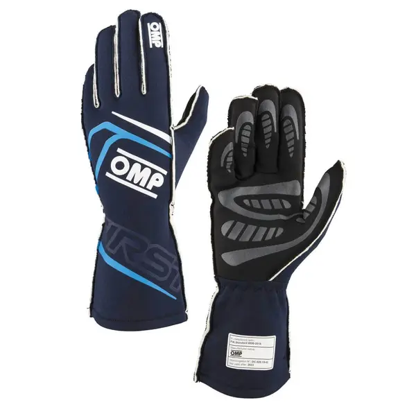 OMP IB0-0776-B01-244-S Racing Gloves First My2025, FIA 8856-2018, Navy Blue / Cyan
