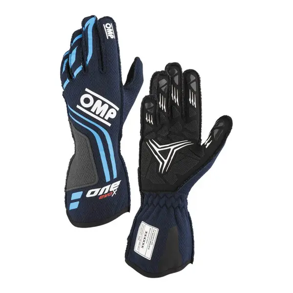 OMP IB0-0775-A01-244-M Racing Gloves One Evo-X MY24, FIA 8856-2018, Navy Blue / Cyan