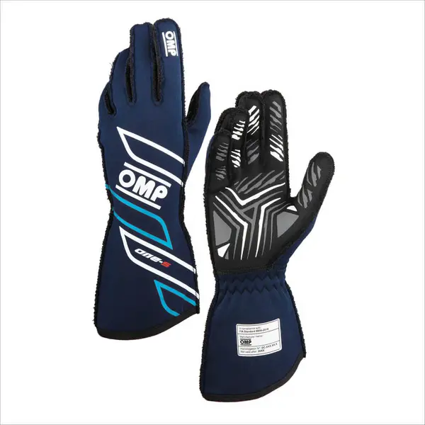 OMP IB0-0778-A01-244-L Racing Gloves One-S My2025, FIA 8856-2018, Navy Blue / Cyan
