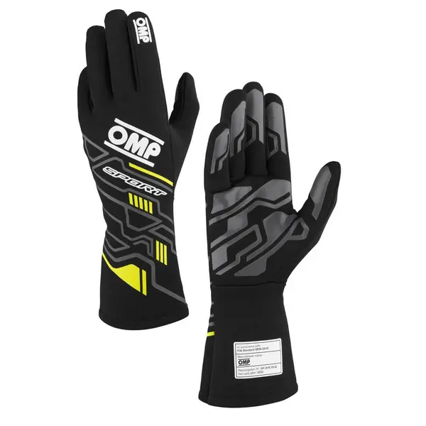 OMP IB0-0777-B01-178-XL Racing Gloves Sport My2025, FIA 8856-2018, Black / Fluo Yellow