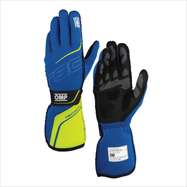 OMP IB0-0779-A01-044-S Racing Gloves Tecnica, FIA 8856-2018, Blue / Yellow