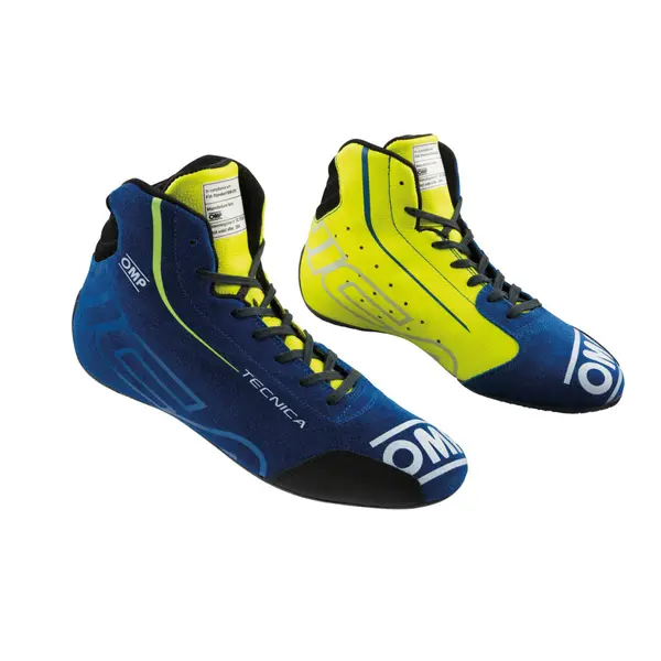 OMP IC0-0836-A01-044-38 Racing Shoes Tecnica My2025, FIA 8856-2018, Blue / Yellow